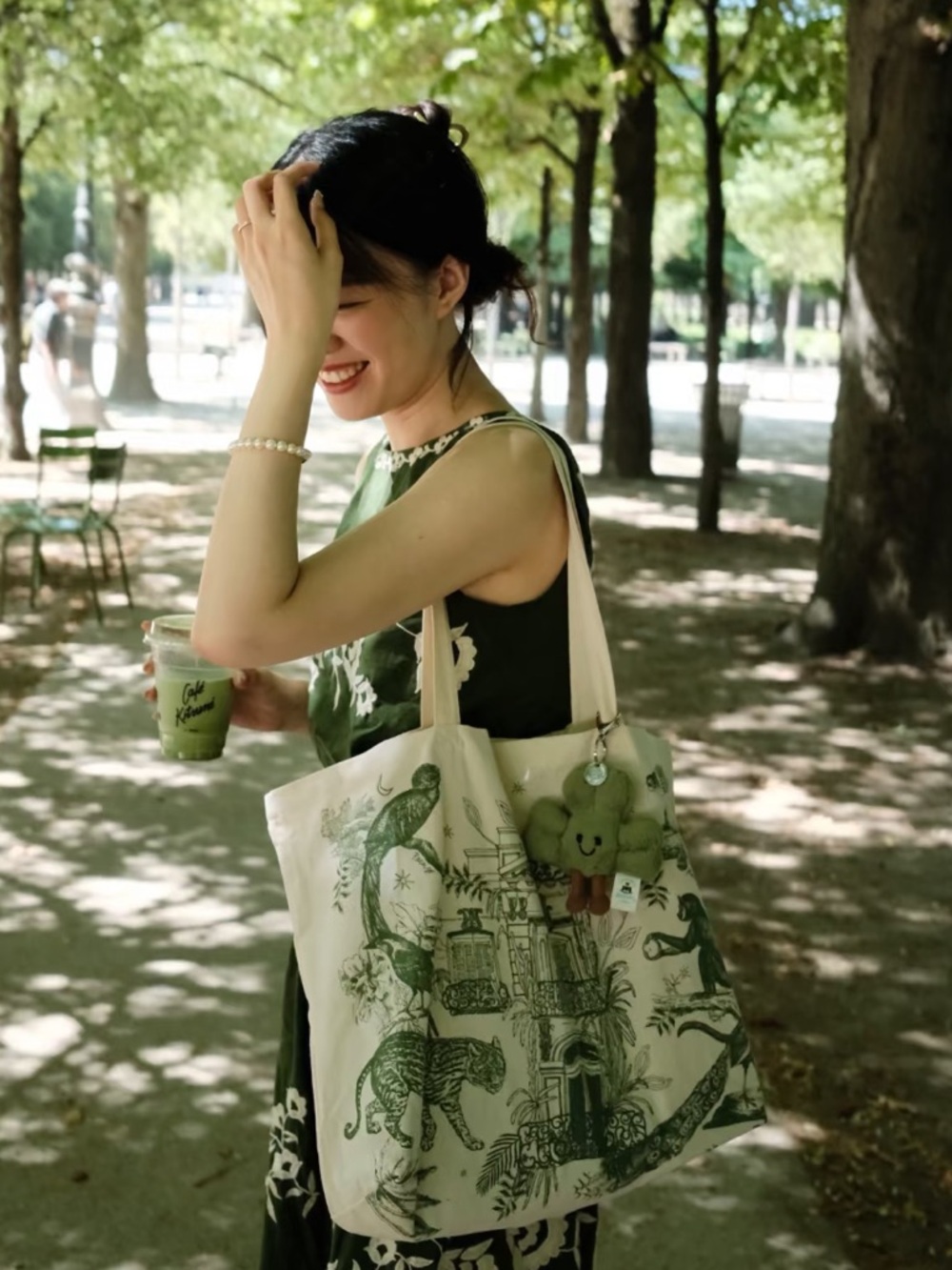 Sezane Cream Canvas Tote with Green Botanical & Animal Print